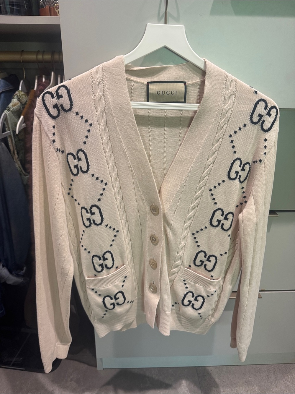 Gucci Light Cream GG Cable Knit V‑Neck Cardigan